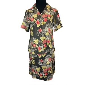 Tommy Bahama 100% Silk Two Piece Floral Skirt Set with Collared Button Up Shirt